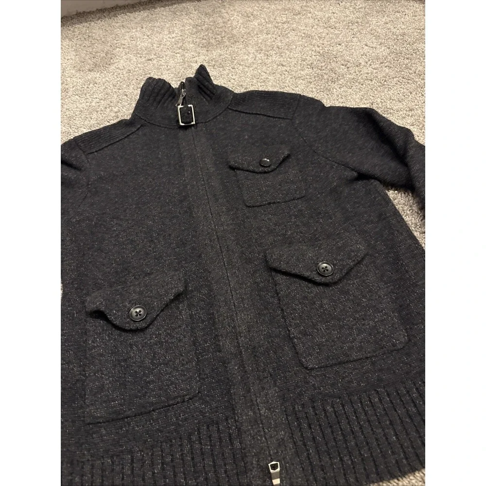 Banana Republic Sweater Buckle Collar 3-Button Pockets Tweed Blue Small Full Zip